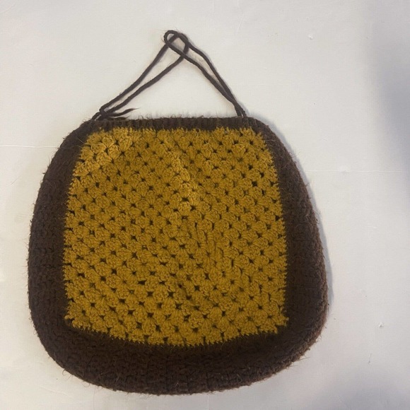 Women's Vintage 70's Handmade Afghan Blanket Purse Brown Yellow Knit - Picture 7 of 9